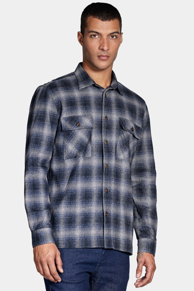 Camisa Manga Longa Regular Overshirt Winter Cotton Xadrez Cinza/Azul Jeans