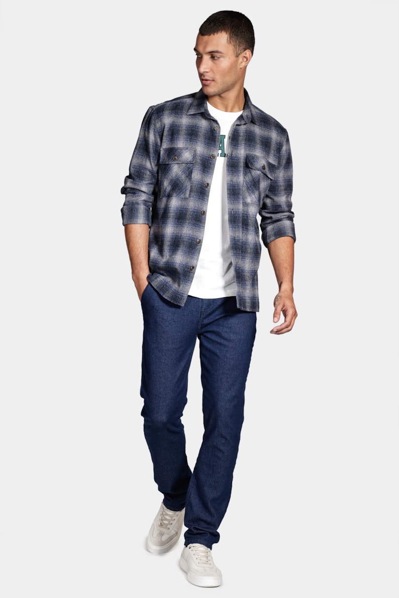 Camisa Manga Longa Regular Overshirt Winter Cotton Xadrez Cinza/Azul Jeans