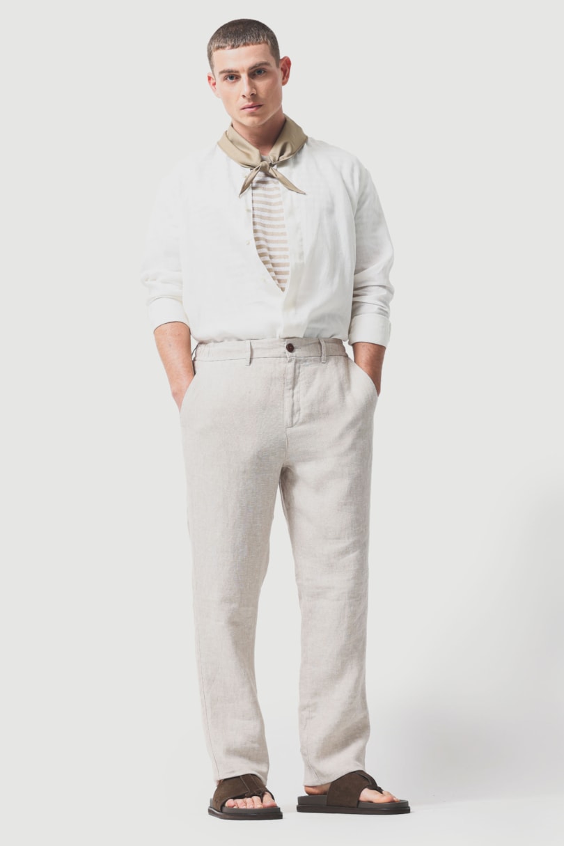 Camisa Manga Longa Regular Puro Linho Gola Alta Off White