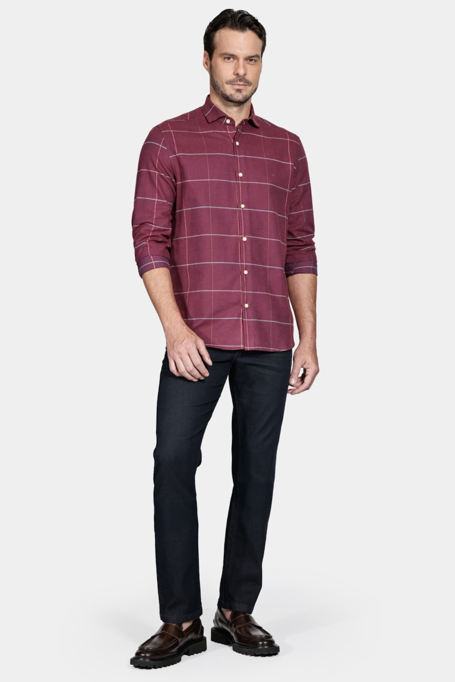 Camisa Manga Longa Regular s João Xadrez Bordeaux — foto 2 de 6