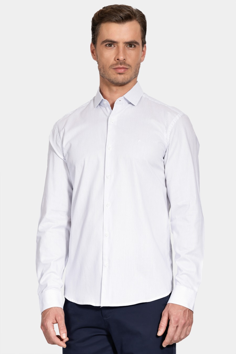 Camisa Manga Longa Regular San Lazaro Listrada Branco C/Azul — foto 1 de 6