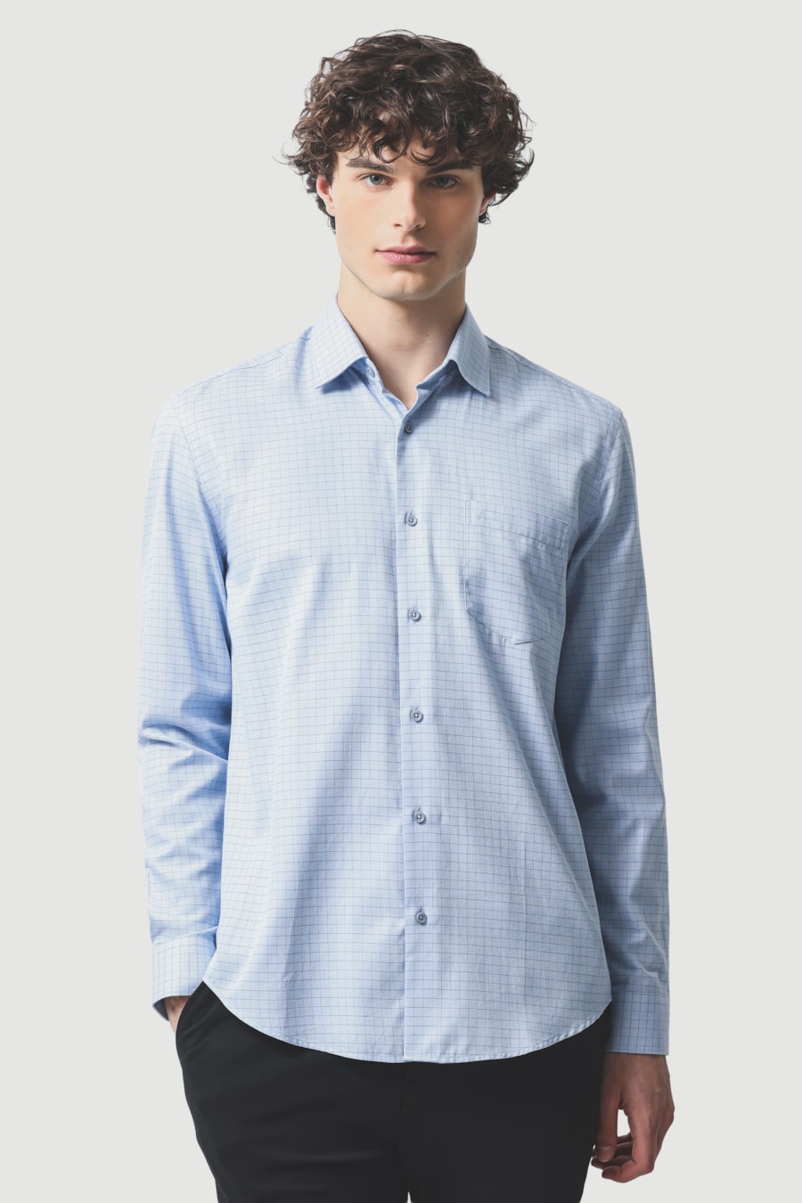 Camisa Manga Longa Regular Sarja Algodao Xadrez Azul C/ Marinho — foto 1 de 6