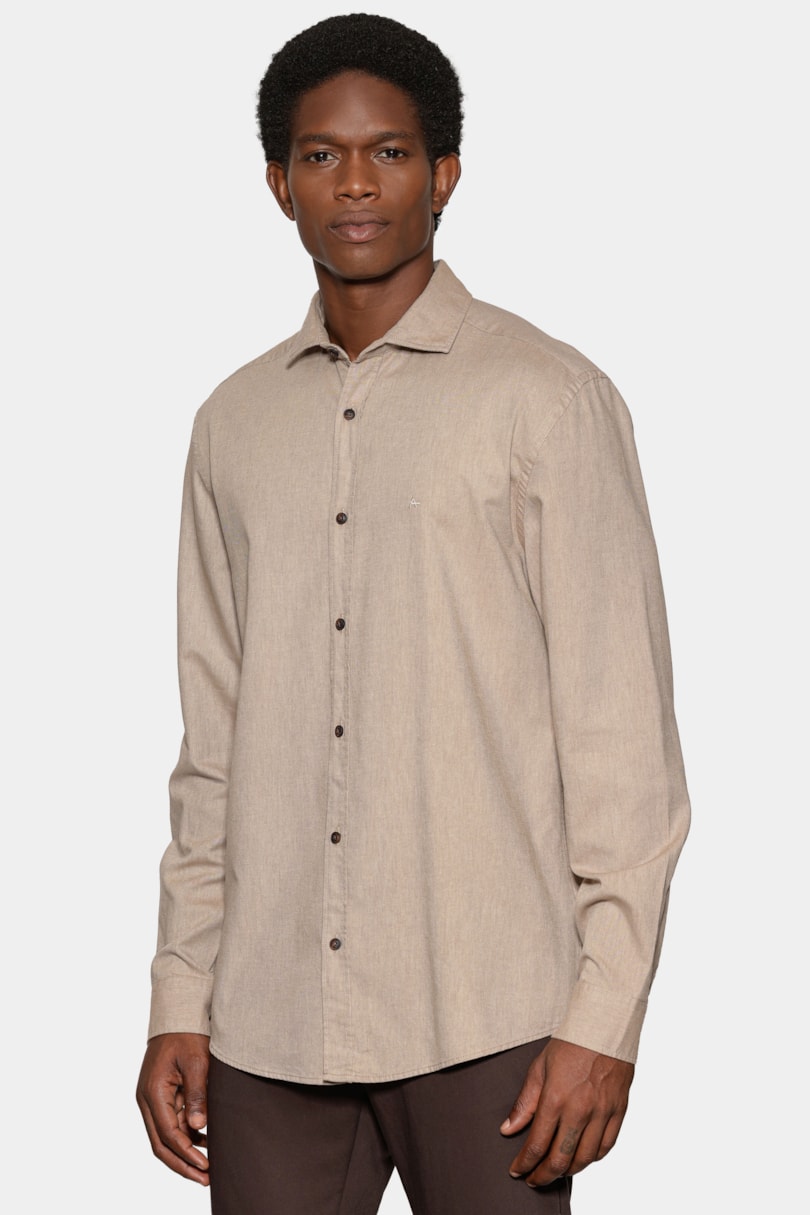 Camisa Manga Longa Regular Sarja Flat Caqui