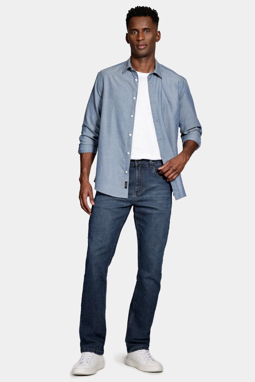 Camisa Manga Longa Regular Sarja Mista Azul