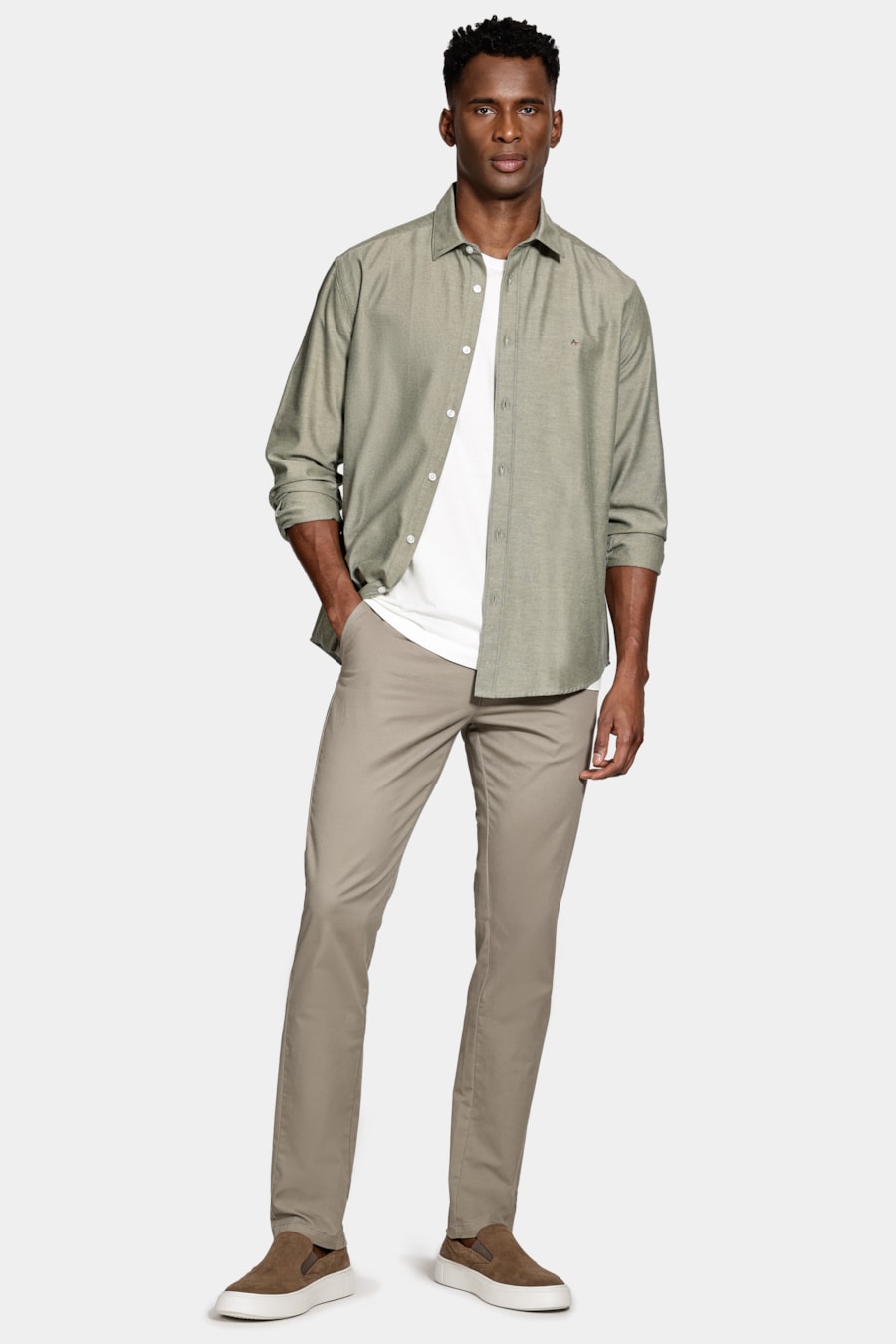 Camisa Manga Longa Regular Sarja Mista Verde Militar — foto 2 de 6