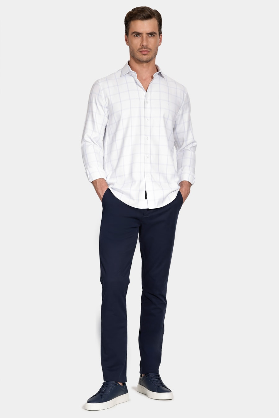 Camisa Manga Longa Regular Siena Misto Xadrez Branco C/Azul — foto 2 de 6