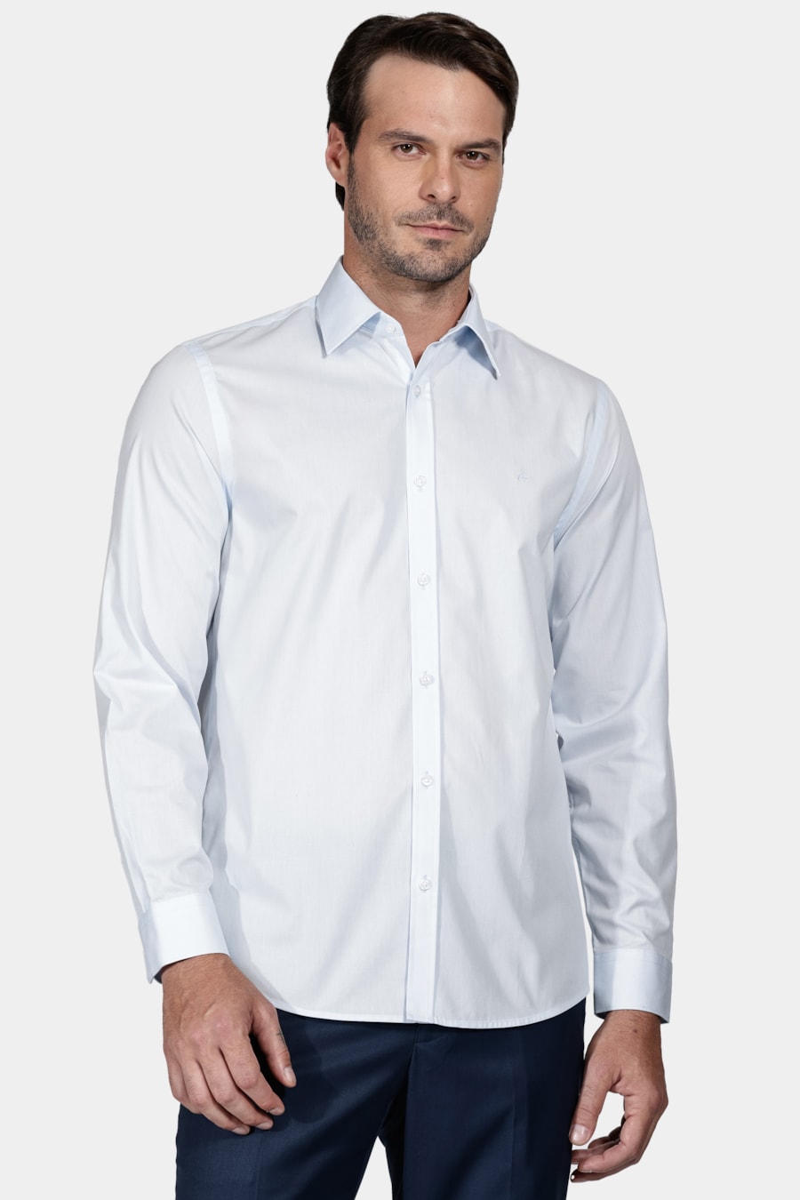 Camisa Manga Longa Regular Social Tricoline de Algodão Liso Azul Claro — foto 1 de 6