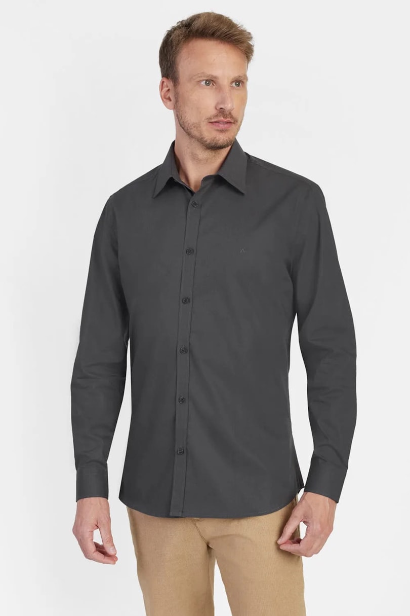 Camisa Manga Longa Regular Social Tricoline de Algodão Liso Chumbo