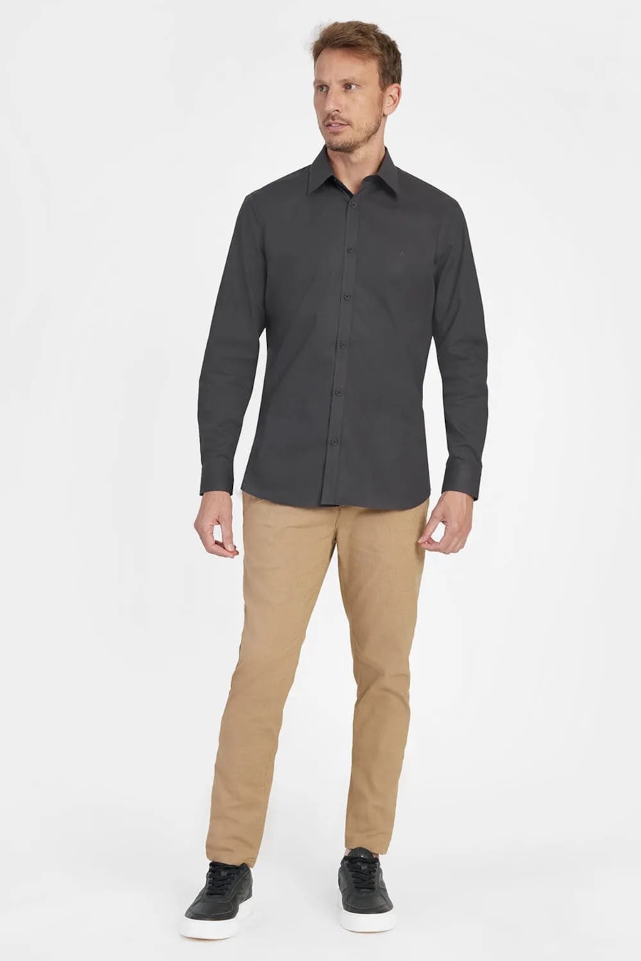 Camisa Manga Longa Regular Social Tricoline de Algodão Liso Chumbo — foto 2 de 5