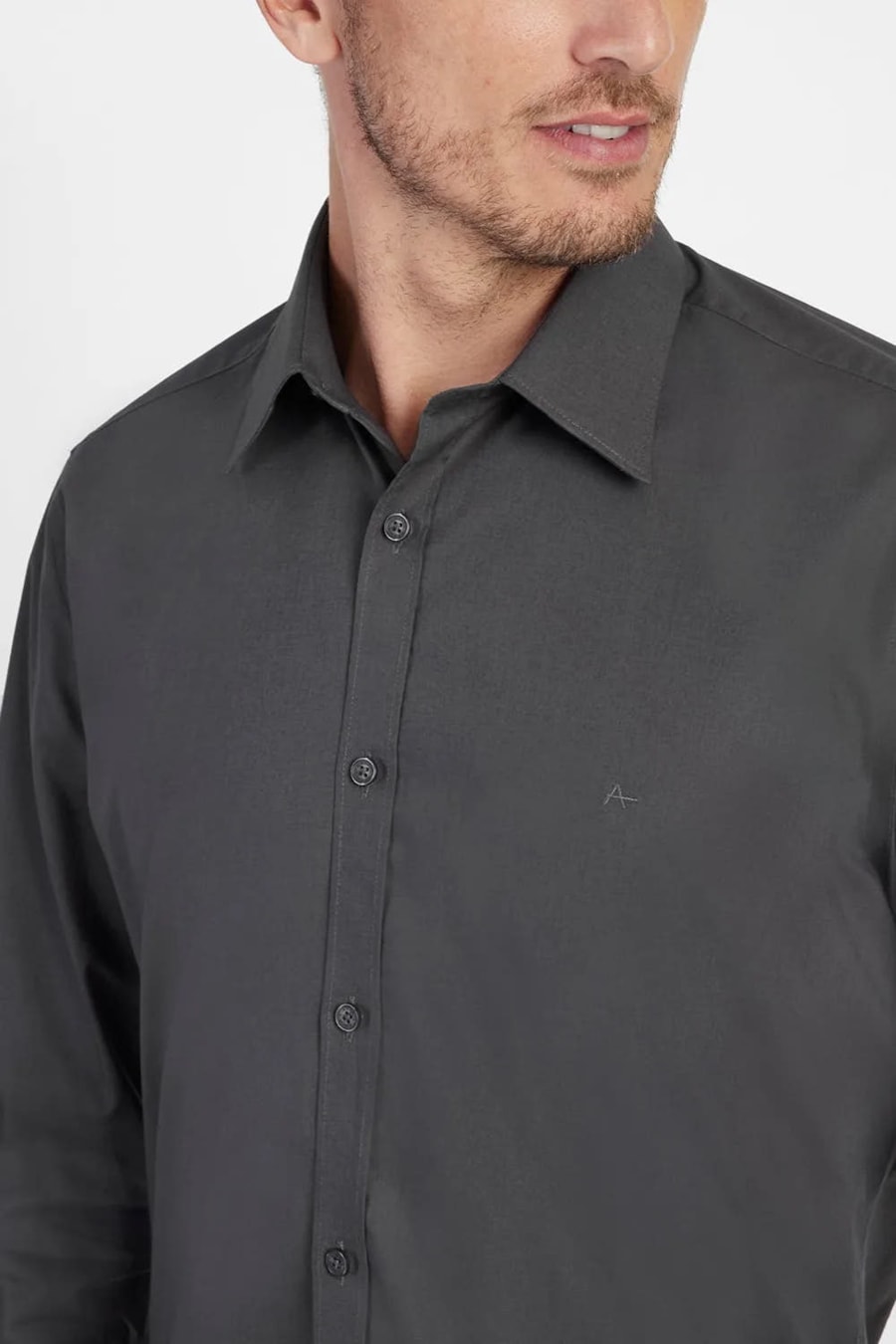 Camisa Manga Longa Regular Social Tricoline de Algodão Liso Chumbo — foto 3 de 5