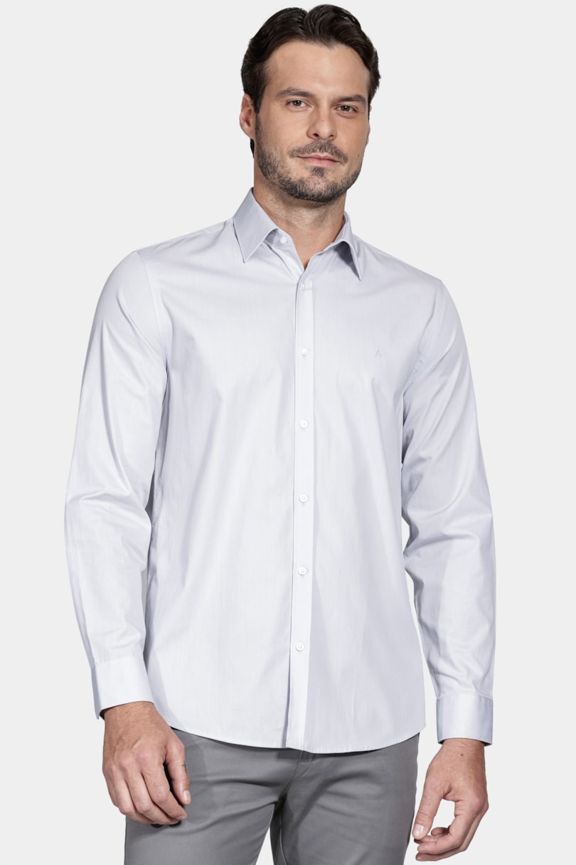 Camisa Manga Longa Regular Social Tricoline de Algodão Liso Cinza