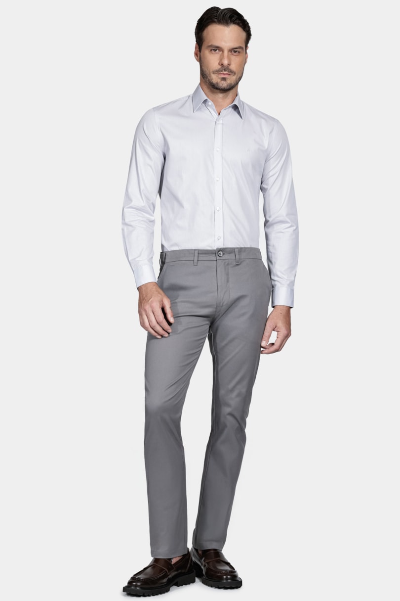 Camisa Manga Longa Regular Social Tricoline de Algodão Liso Cinza