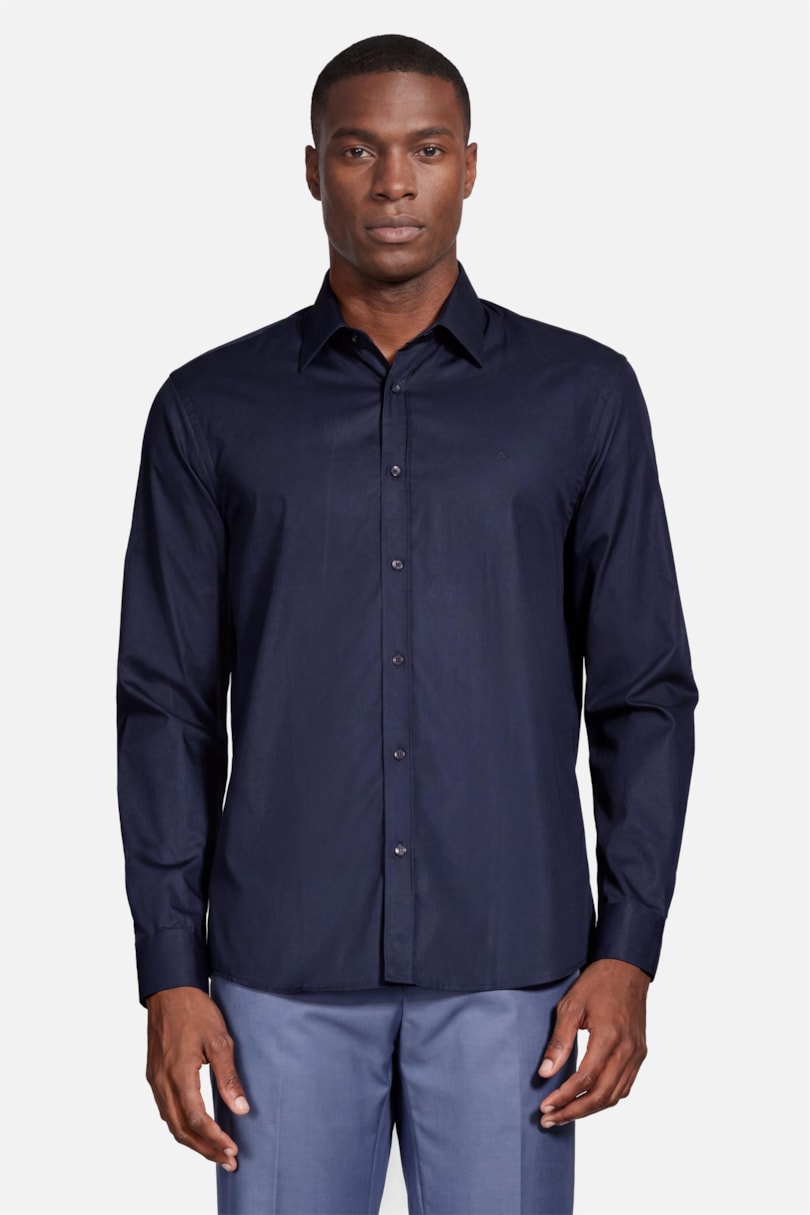 Camisa Manga Longa Regular Social Tricoline de Algodão Liso Marinho