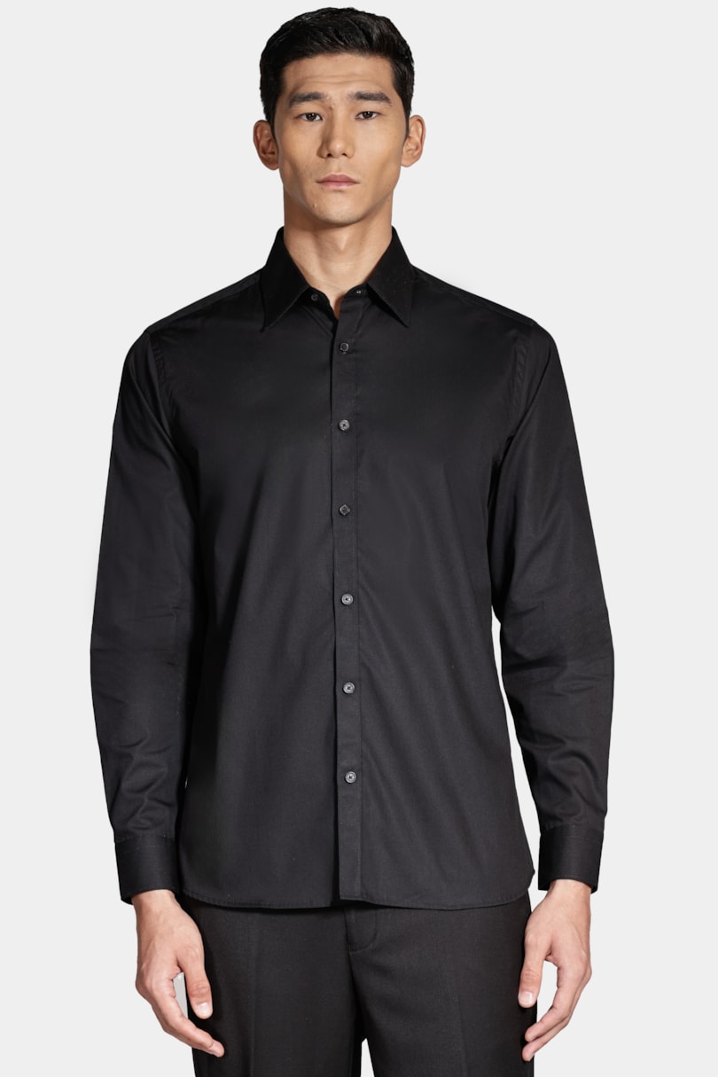Camisa Manga Longa Regular Social Tricoline de Algodão Liso Preto