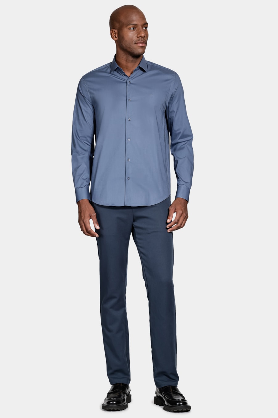 Camisa Manga Longa Regular Stretch Liso Azul Jeans — foto 2 de 6