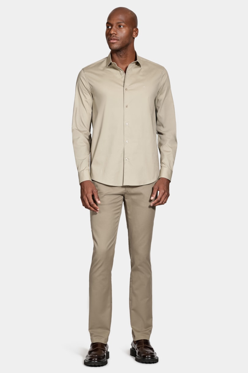 Camisa Manga Longa Regular Stretch Liso Caqui