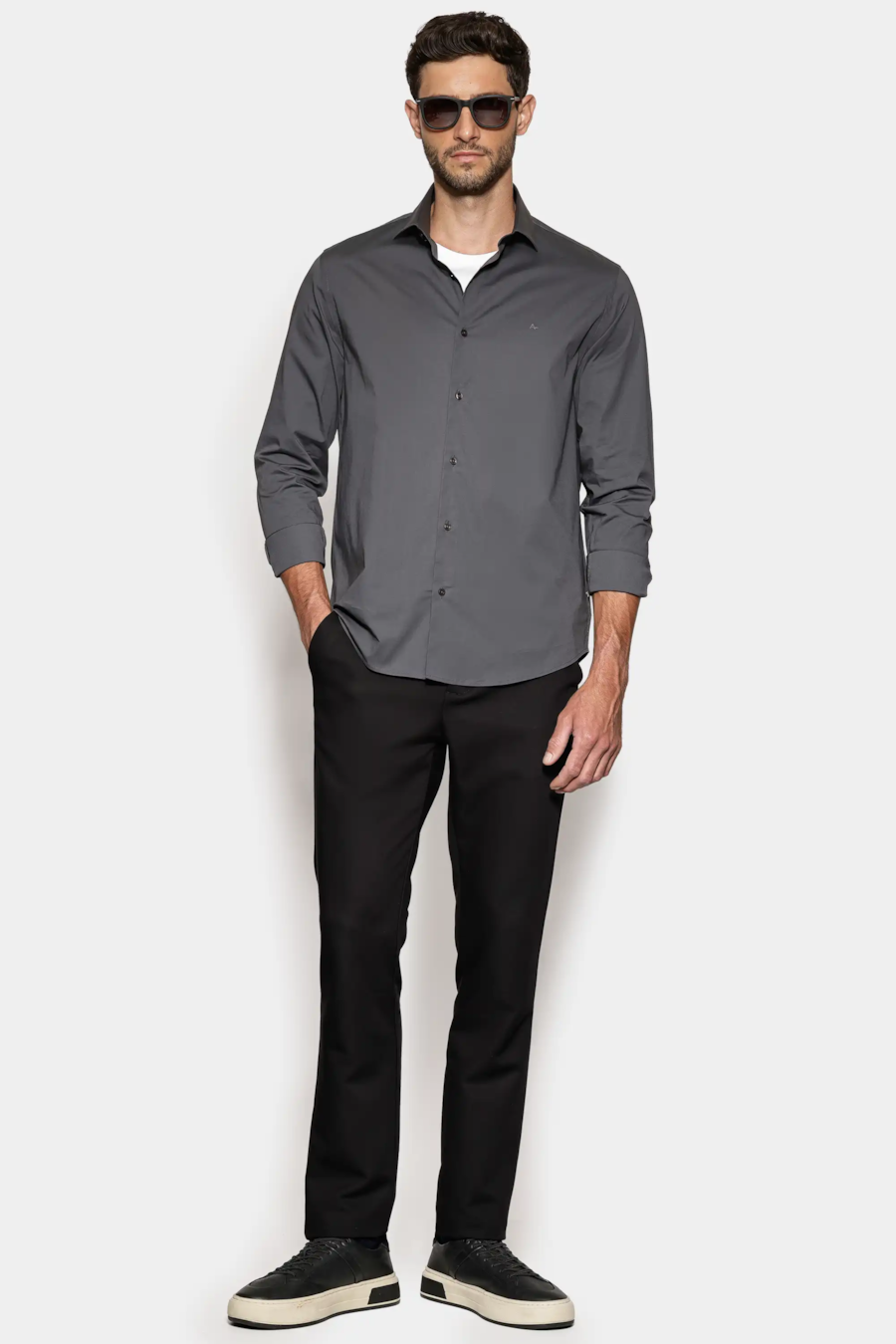 Camisa Manga Longa Regular Stretch Liso Grafite — foto 2 de 6