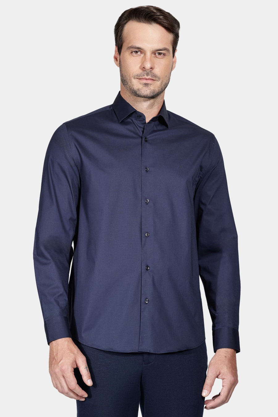 Camisa Manga Longa Regular Stretch Liso Marinho — foto 1 de 6