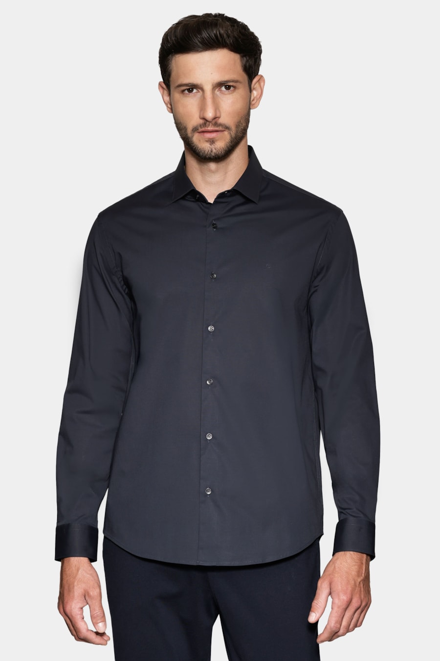 Camisa Manga Longa Regular Stretch Liso Marinho Escuro — foto 1 de 7