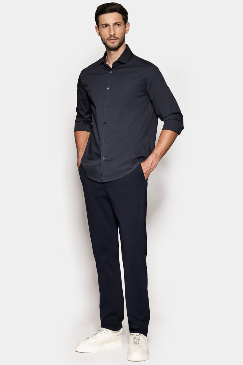 Camisa Manga Longa Regular Stretch Liso Marinho Escuro