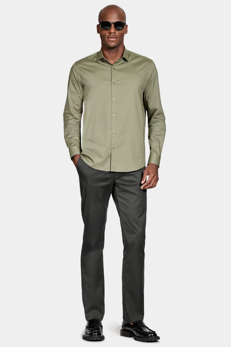 Camisa Manga Longa Regular Stretch Liso Verde Folha