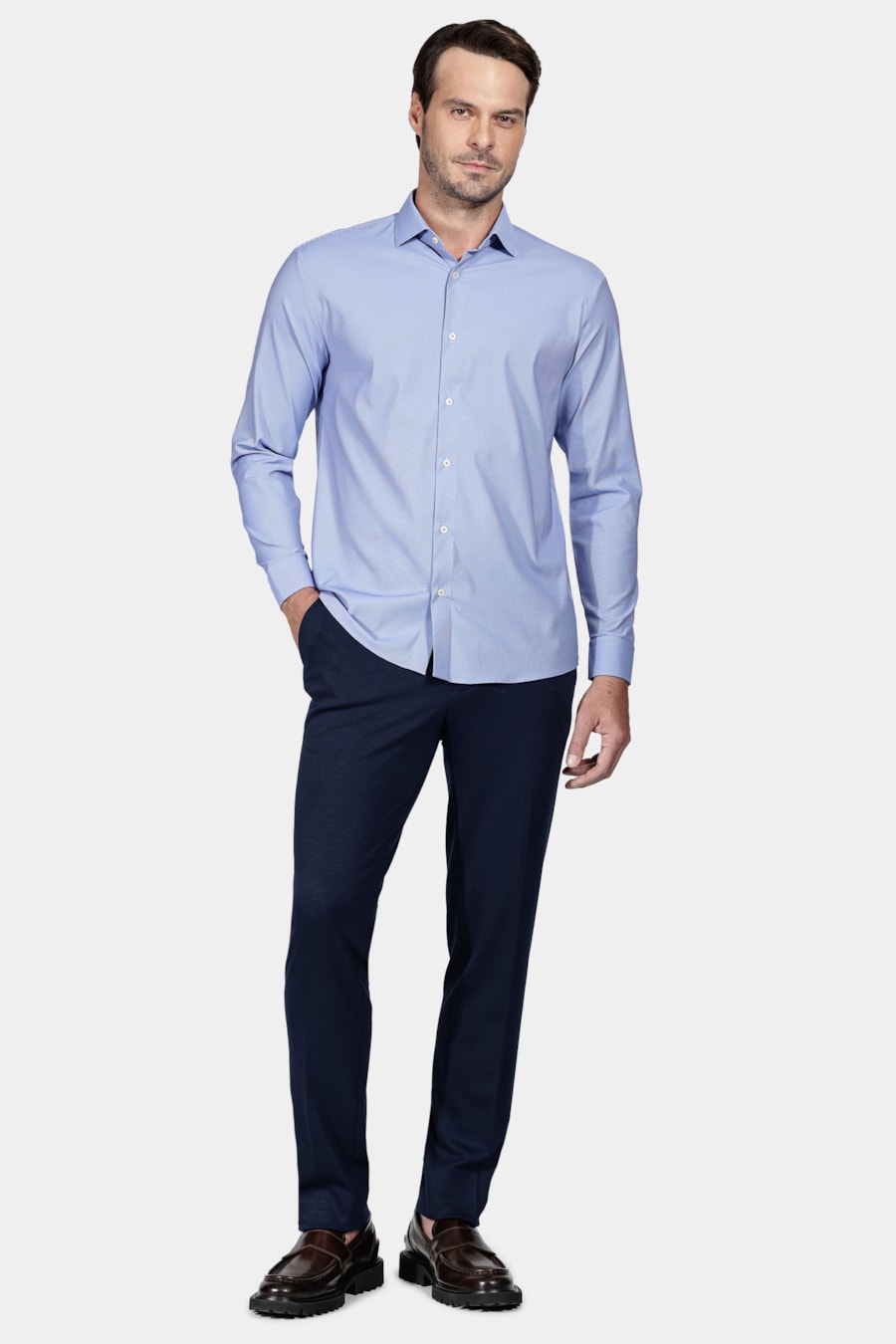  Camisa Manga Longa Regular Tech Flex Falso Liso Azul — foto 2 de 6