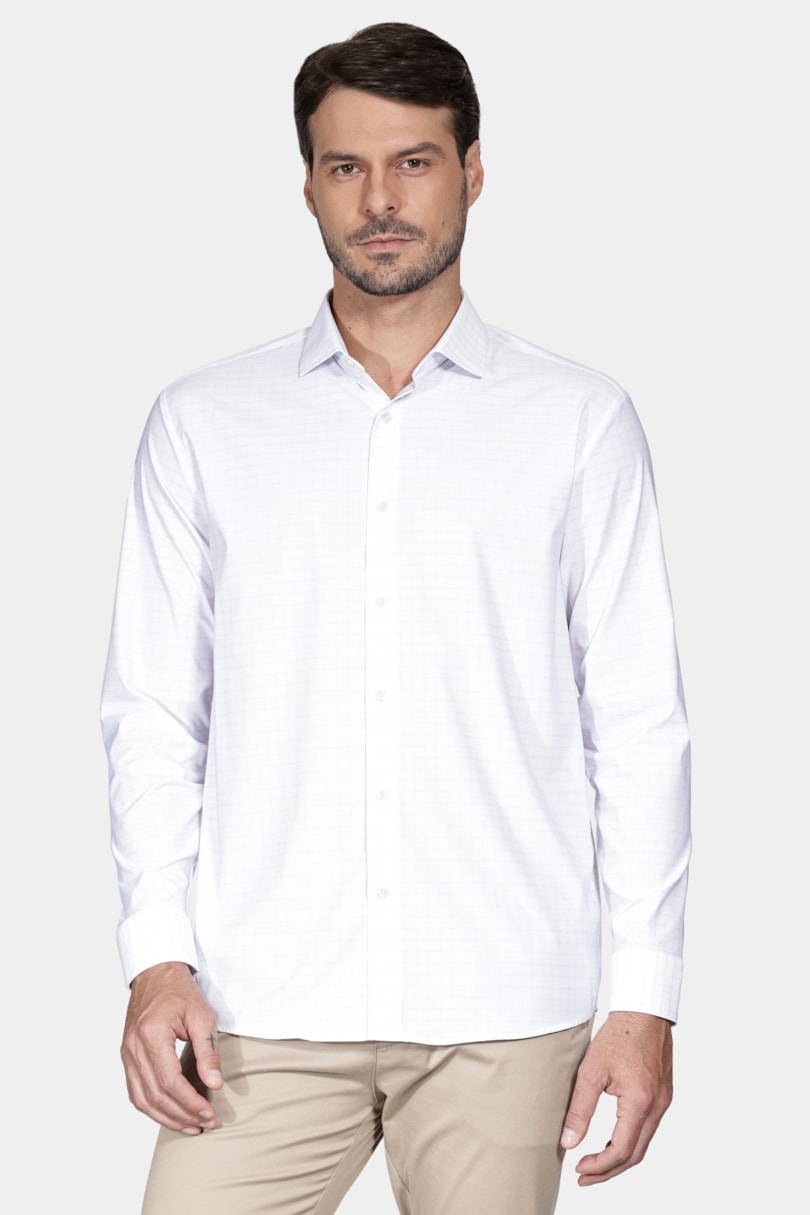 Camisa Manga Longa Regular Tech Flex Xadrez Falso Liso Branco Com Azul Claro
