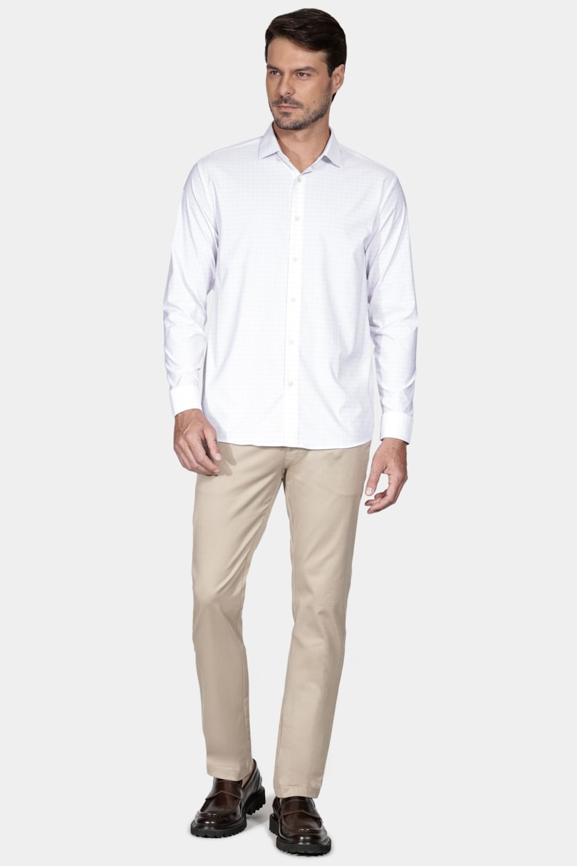 Camisa Manga Longa Regular Tech Flex Xadrez Falso Liso Branco Com Azul Claro