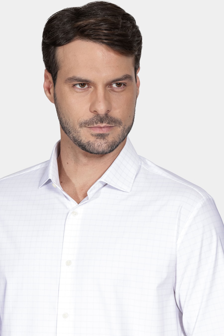 Camisa Manga Longa Regular Tech Flex Xadrez Falso Liso Branco Com Azul Claro — foto 3 de 6