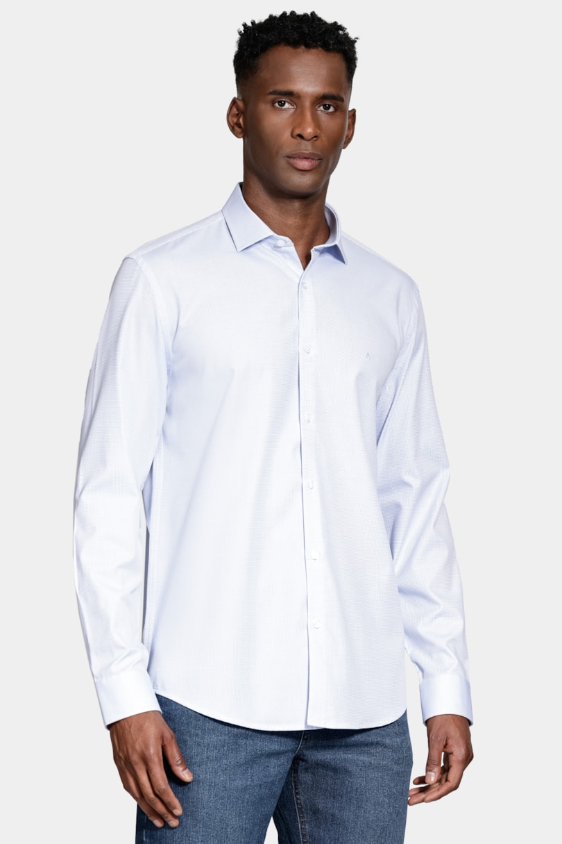 Camisa  Manga Longa Regular Tricoline Algodão Textura Azul Claro