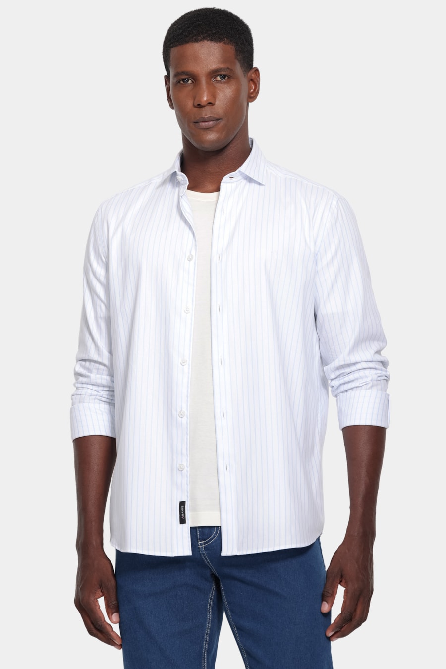 Camisa Manga Longa Regular Tricoline Listrada Branco C/Azul Claro — foto 1 de 6