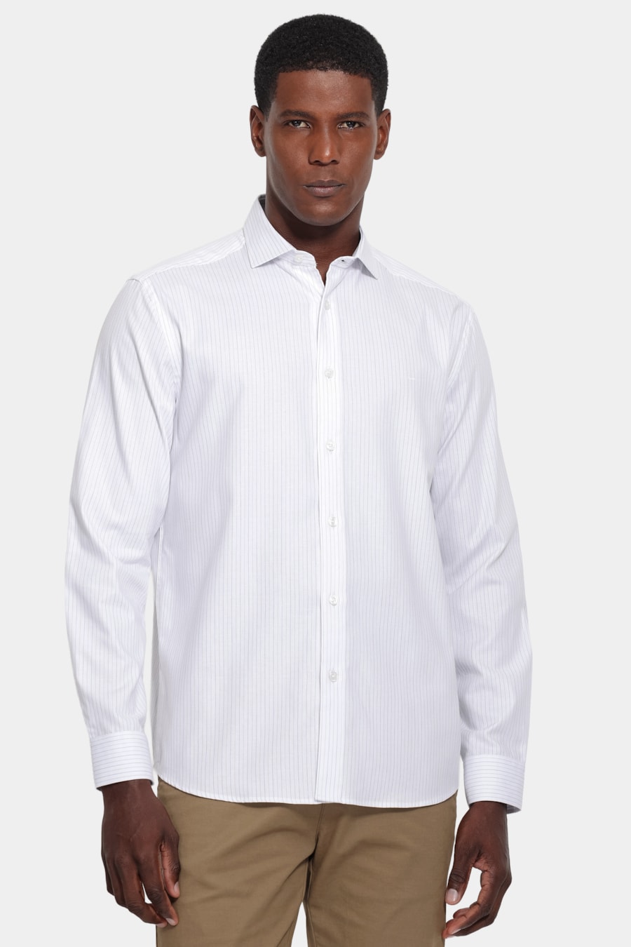 Camisa Manga Longa Regular Tricoline Listrado Branco C/Areia — foto 1 de 6