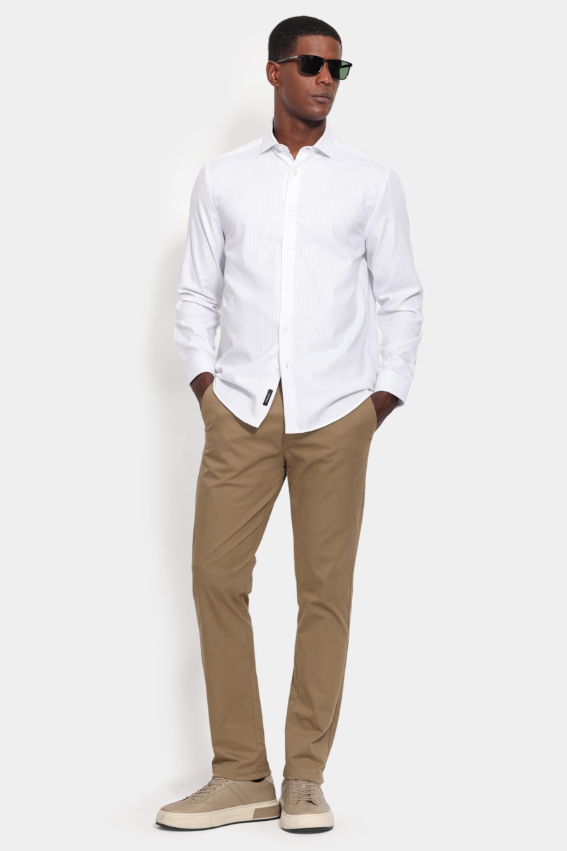 Camisa Manga Longa Regular Tricoline Listrado Branco C/Areia