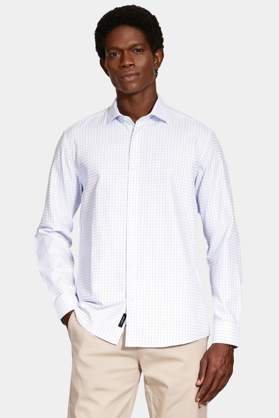 Camisa Manga Longa Regular Tricoline Maquineta Xadrez Branco C/Azul — foto 1 de 6