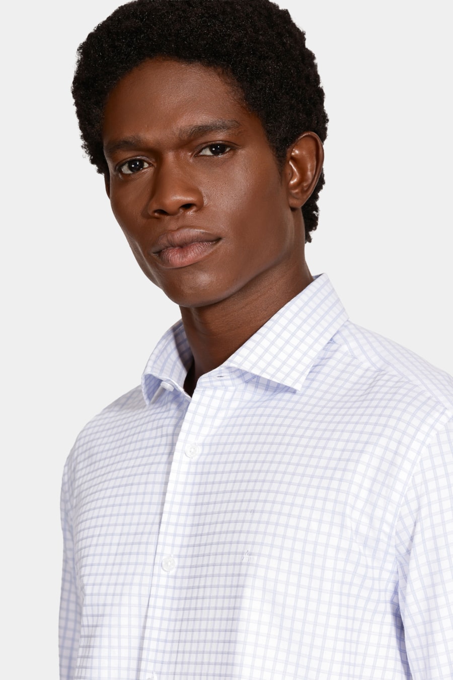 Camisa Manga Longa Regular Tricoline Maquineta Xadrez Branco C/Azul — foto 3 de 6