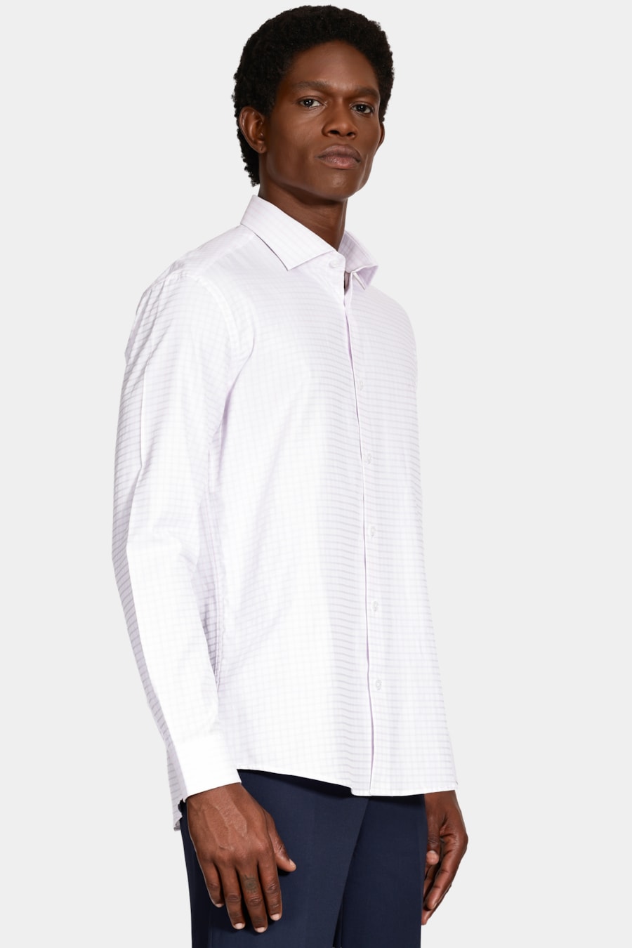 Camisa Manga Longa Regular Tricoline Maquineta Xadrez Branco C/Rosa — foto 1 de 6