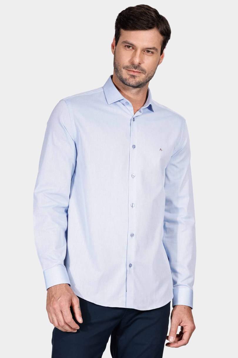 Camisa Manga Longa Regular Tricoline Maquinetada Fio 40 Azul