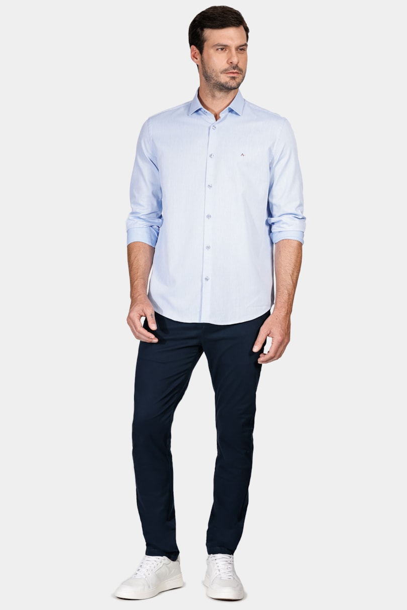 Camisa Manga Longa Regular Tricoline Maquinetada Fio 40 Azul