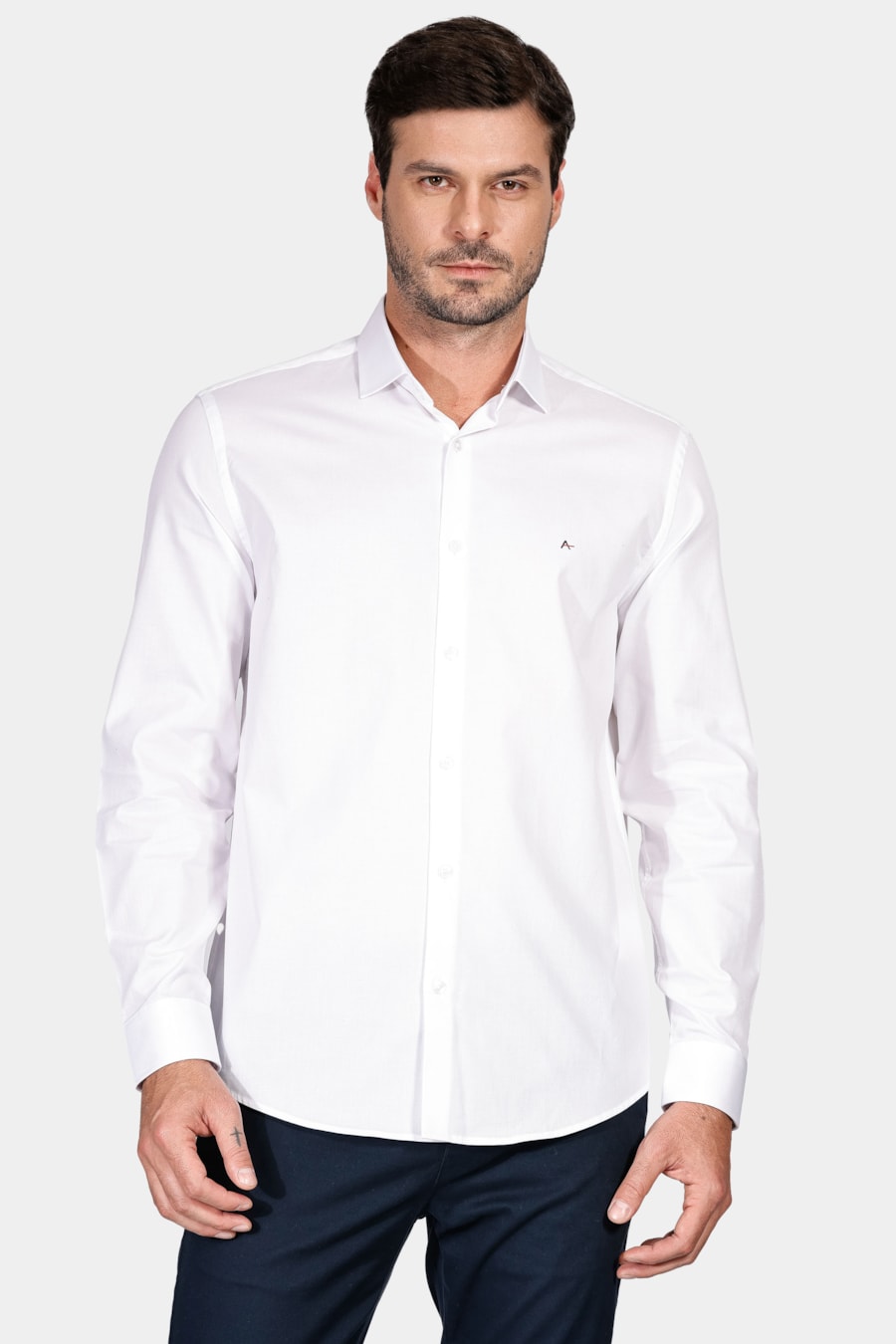 Camisa Manga Longa Regular Tricoline Maquinetada Fio 40 Branco — foto 1 de 6