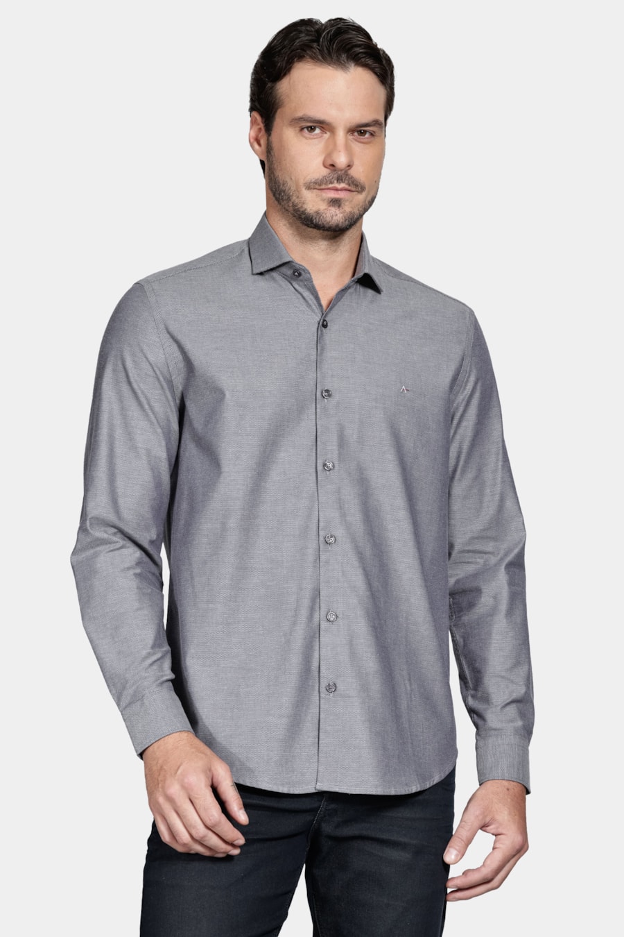 Camisa Manga Longa Regular Tricoline Maquinetado Fio 40 Chumbo — foto 1 de 6