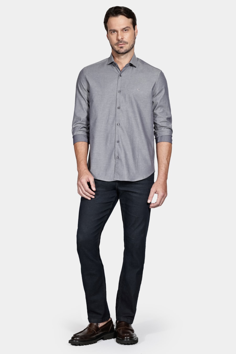 Camisa Manga Longa Regular Tricoline Maquinetado Fio 40 Chumbo — foto 2 de 6