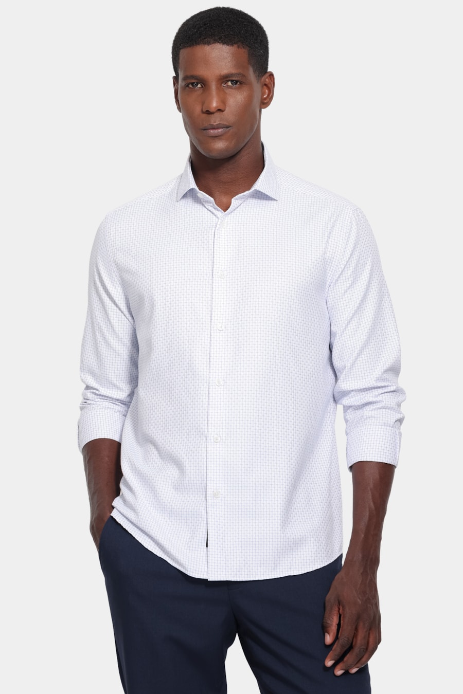 Camisa Manga Longa Regular Tricoline Maquinetado Mix Branco C/Azul — foto 1 de 6