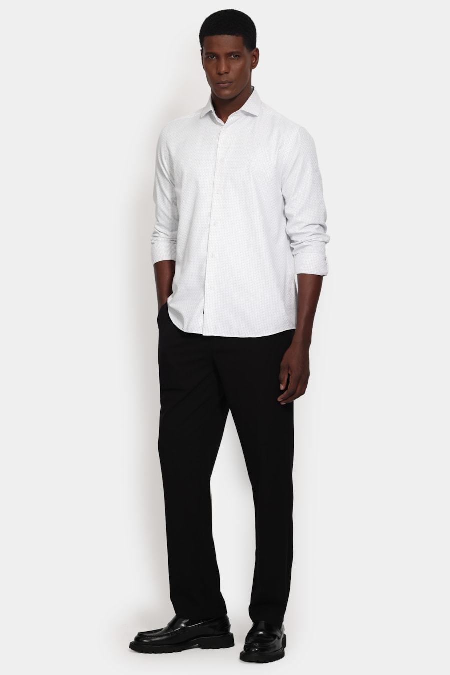 Camisa Manga Longa Regular Tricoline Maquinetado Mix Branco C/Cinza — foto 2 de 6