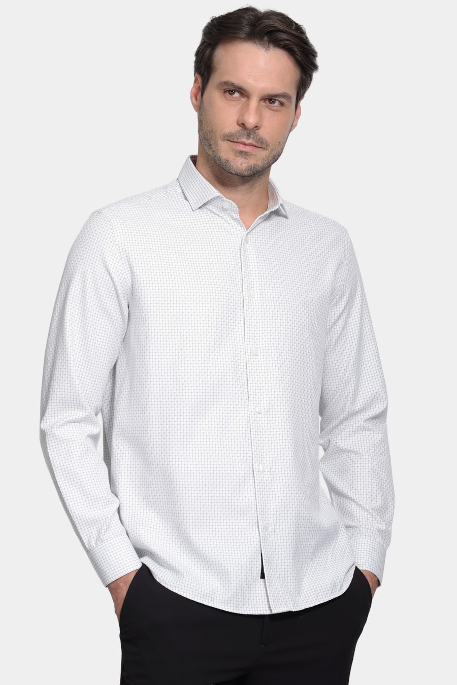 Camisa Manga Longa Regular Tricoline Maquinetado Mix Branco C/ Preto — foto 1 de 6