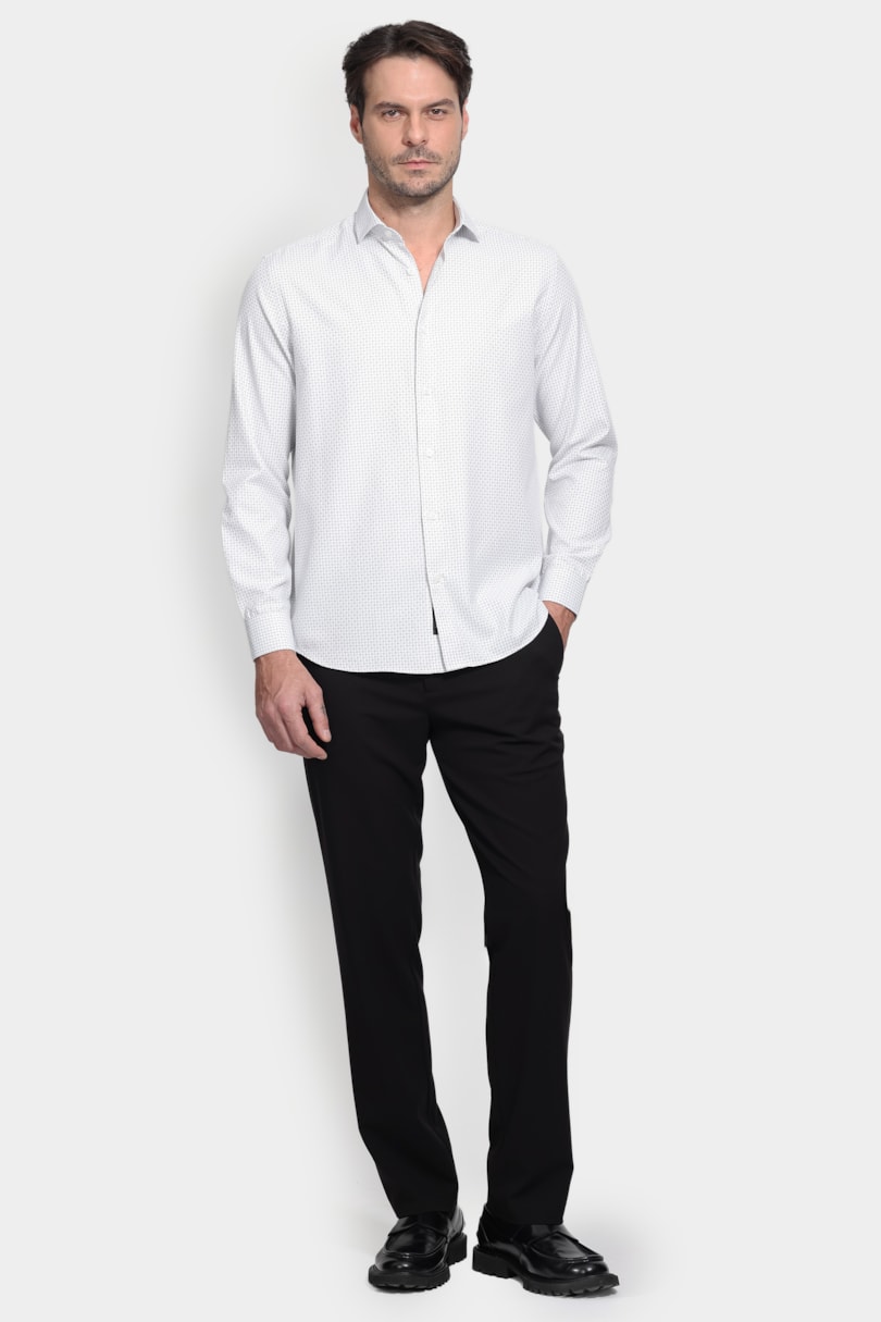 Camisa Manga Longa Regular Tricoline Maquinetado Mix Branco C/ Preto