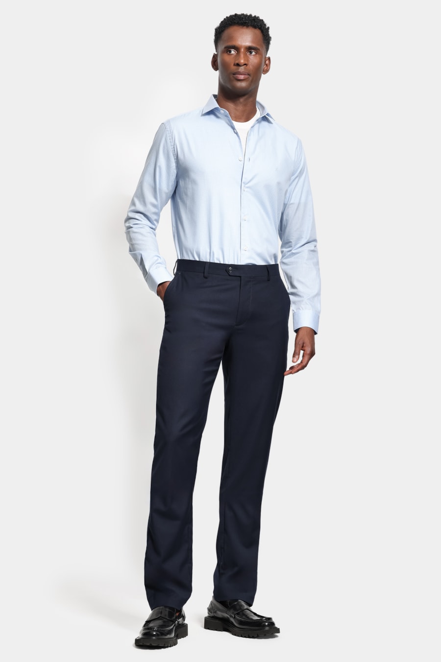 Camisa Manga Longa Regular Tricoline Micro Xadrez Azul Claro C/Branco — foto 2 de 6