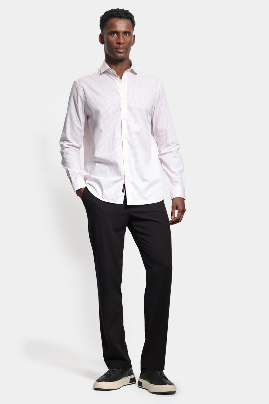 Camisa Manga Longa Regular Tricoline Micro Xadrez Branco C/Rosa — foto 2 de 6