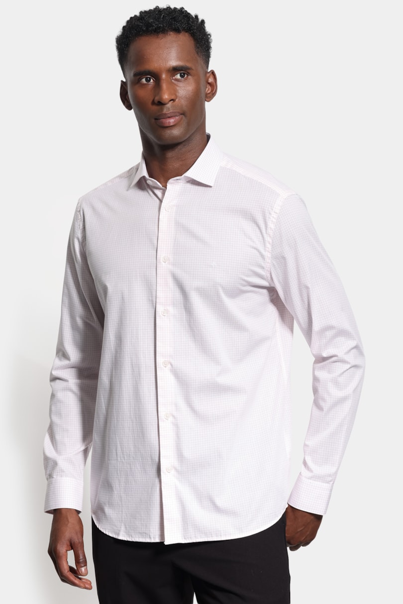 Camisa Manga Longa Regular Tricoline Micro Xadrez Branco C/Rosa
