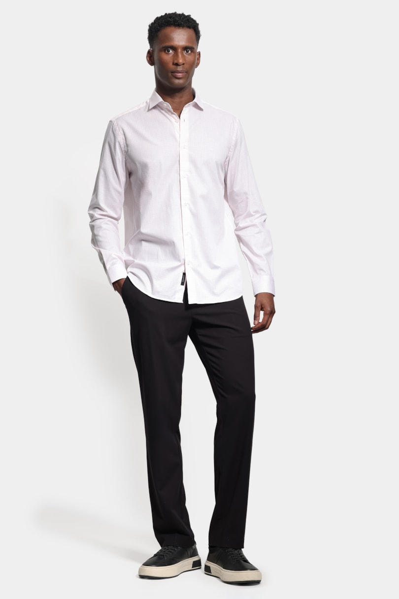 Camisa Manga Longa Regular Tricoline Micro Xadrez Branco C/Rosa