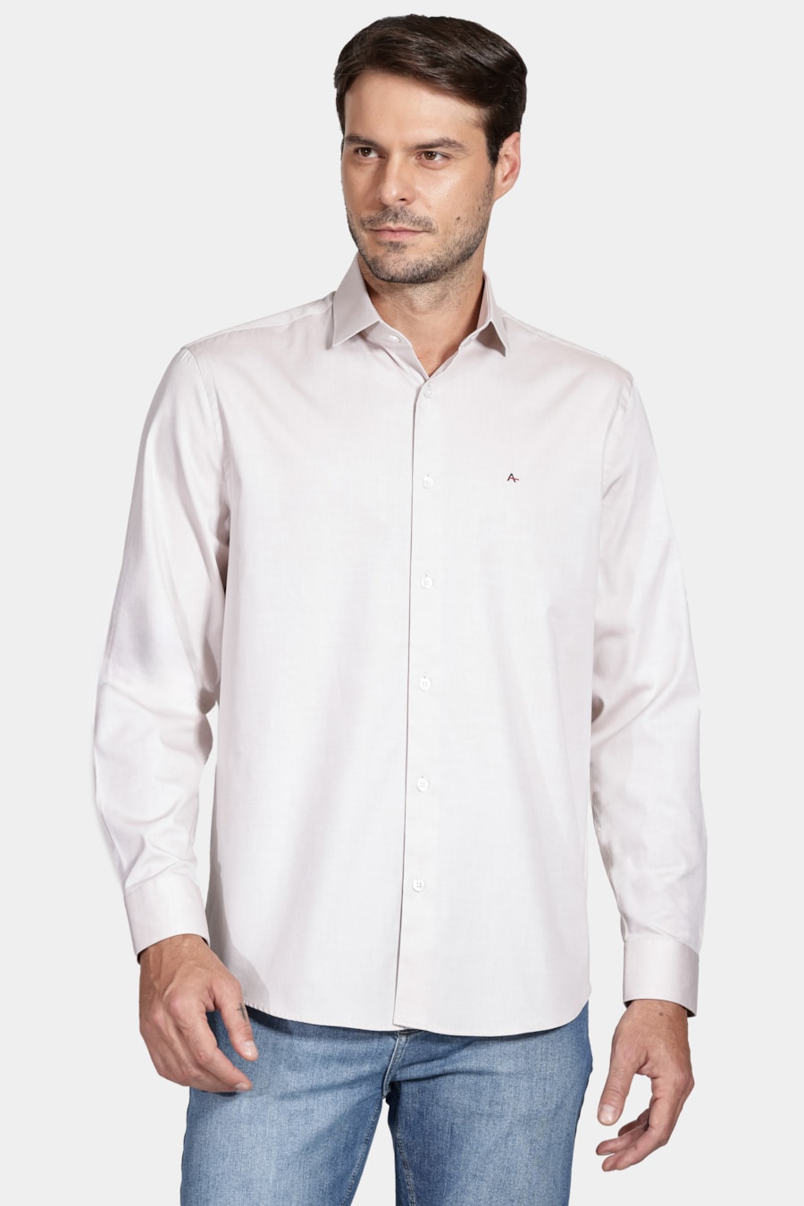Camisa Manga Longa Regular Tricoline Pinpoint Bege — foto 1 de 6
